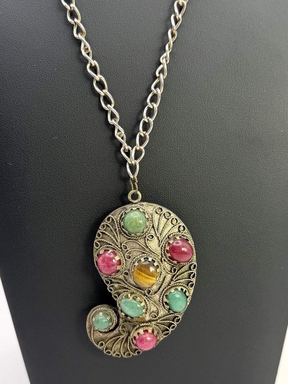 Vintage Paisley Pendant Necklace Tiger Eye Multicolor Cabochon Filigree Boho 40”